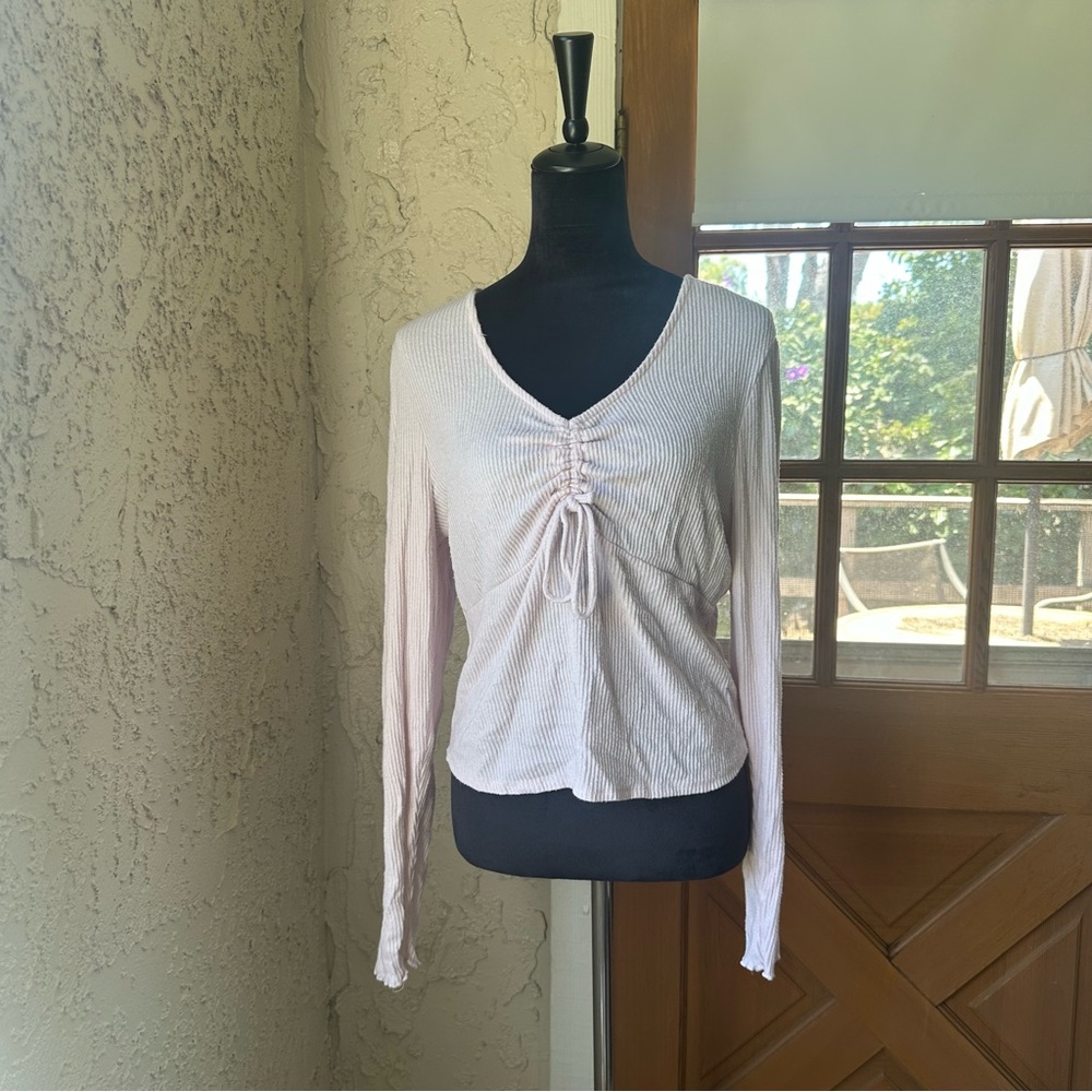 🦋 So Plus Size Baby Pink Ruched Tie Front V Neck Long Sleeve Knit Blouse 💕